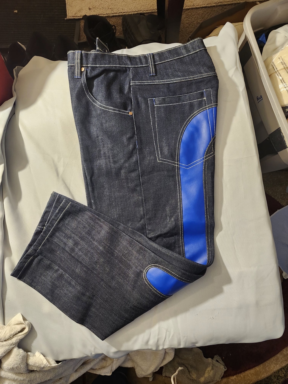 Evisu Dark Denim Jeans with Bright Blue Leather Panels